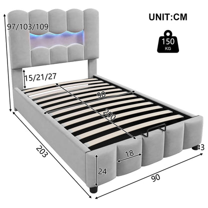 Modernes Polsterbett, 90 x 200 cm, ohne Matratze, LED-Beleuchtung, mit hydraulischem Gerät, verstellbarer Kopfteil, Samt, Grau