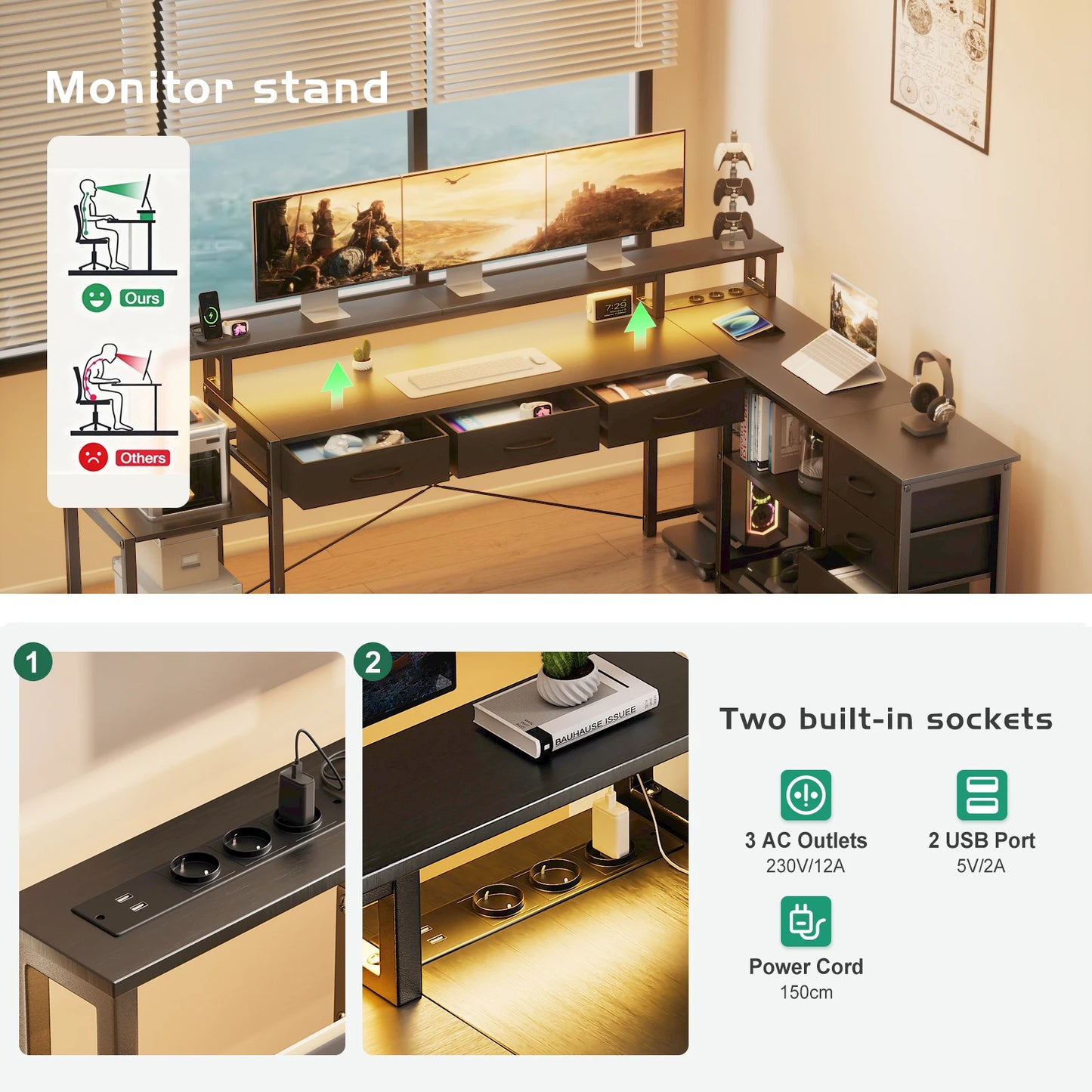 Schwarzer L-förmiger Schreibtisch mit LED Beleuchtung USB Steckdosen und Schubladen Gaming Computertisch 200cm
