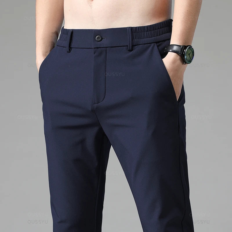 Autumn Winter Casual Pants Men Thick Business Stretch Slim Elastic Waist Jogger Korean Classic Black Gray Blue Trouser Male