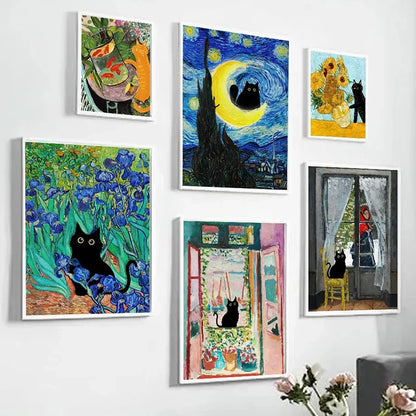 Funny Art Matisse Monet Black Cat Van Gogh Sunflowers Canvas Painting Posters and Prints Wall Pictures for Living Room Decor.