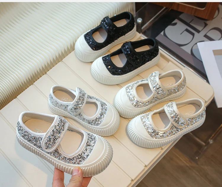 New Girl Princess Canvas Shoes Fashion Luxury Sequins Children Causal Shoes Breathable Kids Glitter Mary Jane Shoes Thick Bottom.