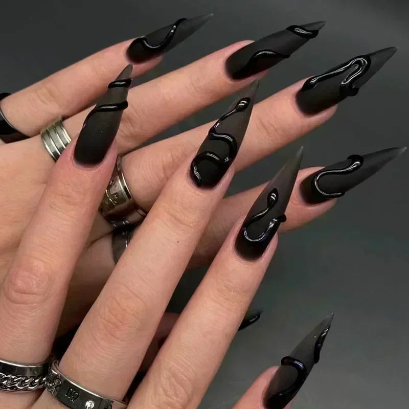 24Pc False Nails with Glue Almond Black Red Gradient Design Detachable Rhinestone Acrylic Fake Nail Long Stiletto Press on Nails.