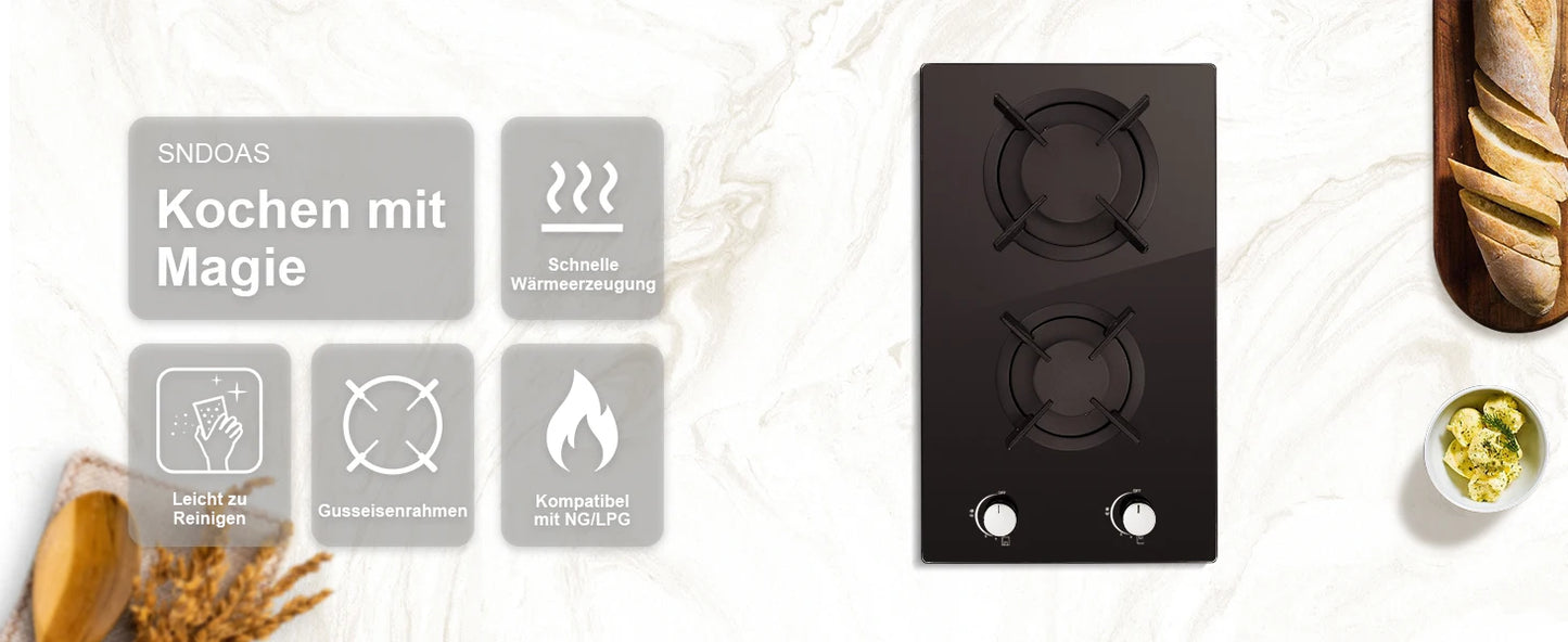 30cm Glass Gas Hob 2400W/1800W Dual Gas (Natural/Propane) Auto Flame Safety 2 LED Bulbs Built-in or Freestanding 220-240V CE.