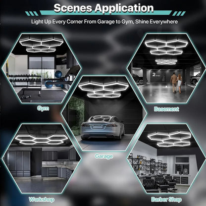 High brightness honeycomb hexagonal garage LED light 6500K suitable for garages, 4S workshops, car beauty shops, gyms.