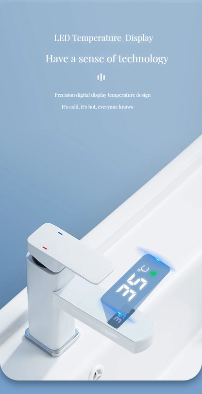 Digital Basin Faucets Smart Bathroom Faucet Shower Room Taps Water Temperature LED Black White Sink Tap Rotating Stainless Steel