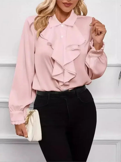 Spring Autumn Shirts Fashion White Ruffled Elegant Blouse Tops Women New Long Sleeve Lapel Woman Shirt Solid Office Ladies Tops.