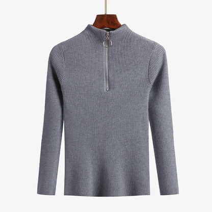Frauen Fashion Solid Strick Pullover Vintage Langarm Zip-up Grundlegende Hälfte Rollkragenpullover Weibliche Pullover Chic Casual Tops