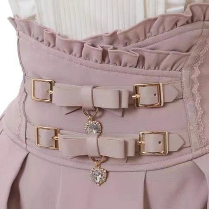 Jirai Kei Sweet Lolita Skort 2024 Summer - Double Bowknot High Waist Short Skirt with Leather Buckle Slim Fit Adjustable Waist.
