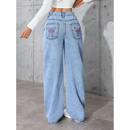 Fashionable Loose Women's Jeans High Waist Straight Leg Summer New Style Printed Trendy Cross-Border Denim Pants.