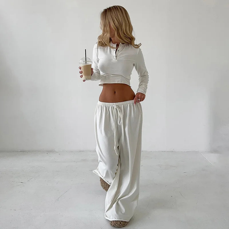 Blifanbo Casual Long Sleeve Crop Top Loose Long Pants 2 Pieces Set Women Autumn Slim Fashion Top And Long Pant Set Streetwear.