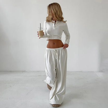 Blifanbo Casual Long Sleeve Crop Top Loose Long Pants 2 Pieces Set Women Autumn Slim Fashion Top And Long Pant Set Streetwear.