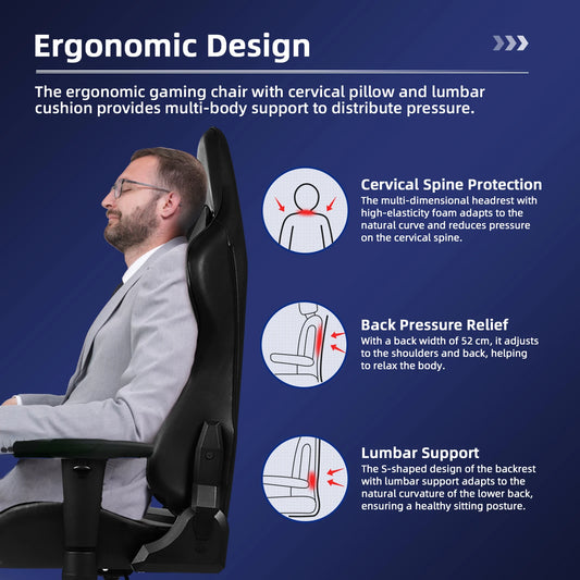 AUTHMIC Ergonomischer Gaming-Stuhl, Büro-Liegestuhl mit Lordosenstütze, verstellbare Armlehne, 150 kg Belastung für Heimarbeit, Gamer-Setup