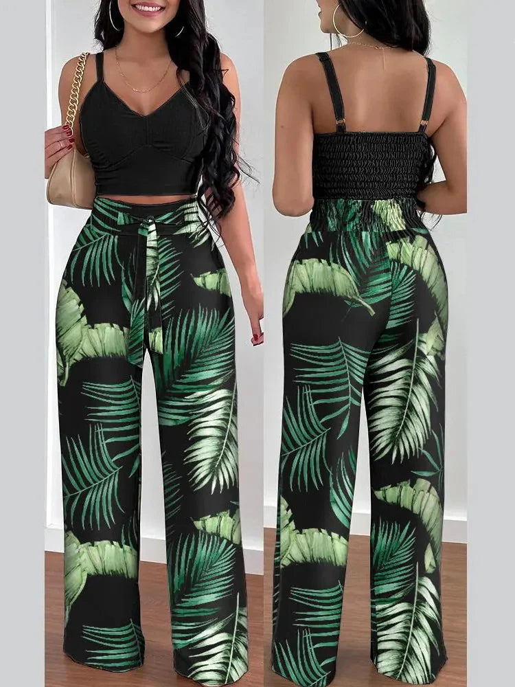 Women Fashion Print Halter V-Neck Short Tank Suit Tops Long Pants Matching Set Summer Casual Female Slim Pants Two Piece Sets.