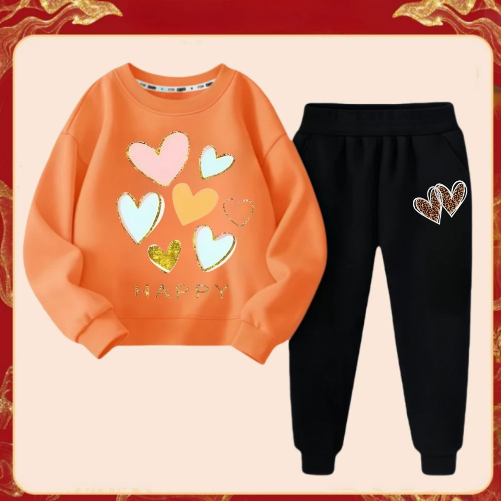 Spring Children Clothes Set Kid Girls Sweet Sweatshirts Pullover Top And Pants 2 Pieces Suit Heart Print Long Sleeve Tracksuits.