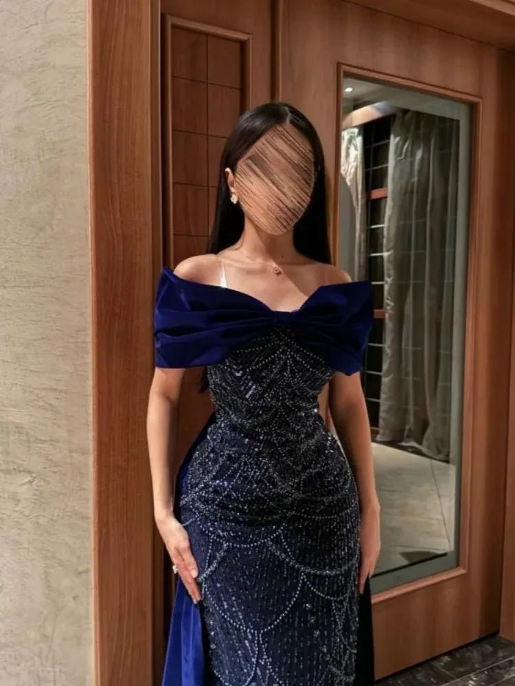 Glänzende marineblaue Ballkleider, schulterfrei, Samt, herzförmig, bodenlang, formelles Abendkleid, Partykleid, Cocktailkleid.