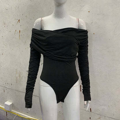 Women's Autumn One Shoulder V-Neck Pleated Long Sleeve Top Tight Fitting Temperament Jumpsuit New Collection.