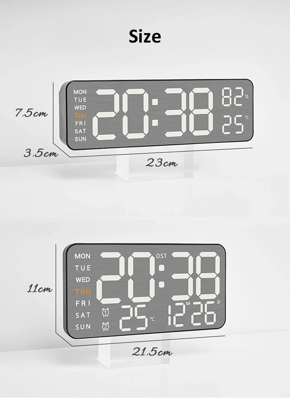 Wanduhr mit Spiegel-Bürsten-Finish, Premium-Gefühl, geräuschlos, Wanduhr, Tischwecker, Temperaturanzeige, Schlafzimmer, Büro, Wohnzimmer, Dekoration