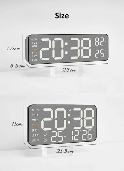 Wanduhr mit Spiegel-Bürsten-Finish, Premium-Gefühl, geräuschlos, Wanduhr, Tischwecker, Temperaturanzeige, Schlafzimmer, Büro, Wohnzimmer, Dekoration