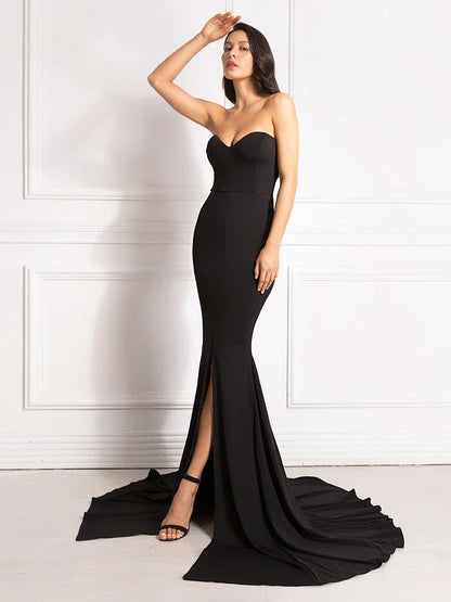 Sexy trägerloses langes schwarzes Maxikleid mit Vorderschlitz, nackte Schulter, rot, Damen-Abend-Sommer-Nachtkleid, Party, Umstandskleider