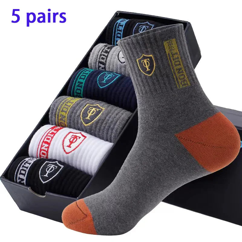 5 Pairs of Autumn and Winter MEN'S Sports Socks for Summer Leisure, Sweat Wicking, Lightweight and Breathable Basketball Socks