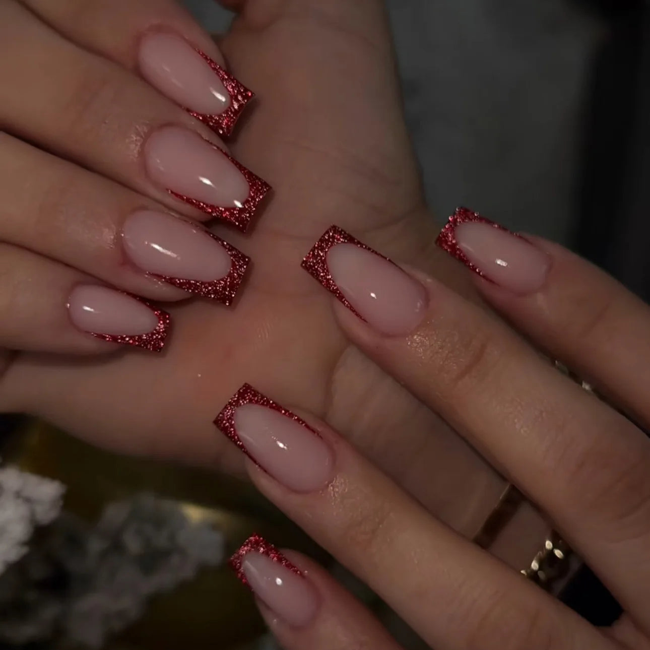 24Pcs Short False Nails with Shimmery Powder Ballet Nail Art Full Cover French Sheer Wearable Nail Manicure Tips for Girls Daily