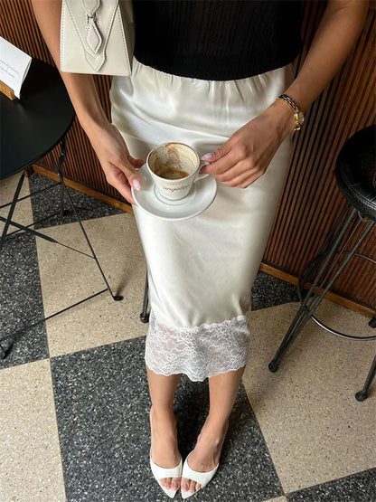 Tossy White Casual Lace Long Skirt For Women Slim High Waist Patchwork Elegant Commute Clothes Summer 2025 Female Maxi Skirt New.