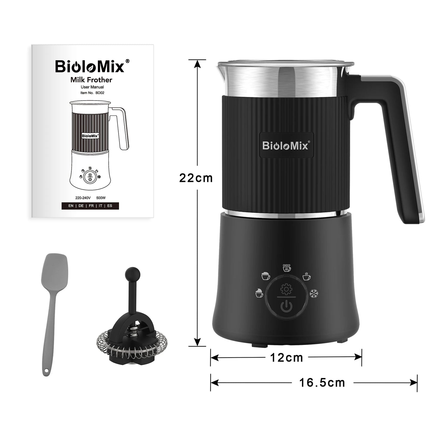 BioloMix Detachable Milk Frother and Steamer,5-in-1 Automatic Hot/Cold Foam and Hot Chocolate Maker,Dishwasher Safe.