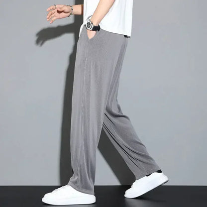 Summer Loose Ice Silk Pants Men's Drape 100KG Size Long Pants Fat Casual Sports Pants Wide Leg Straight Pants Tide Brand.