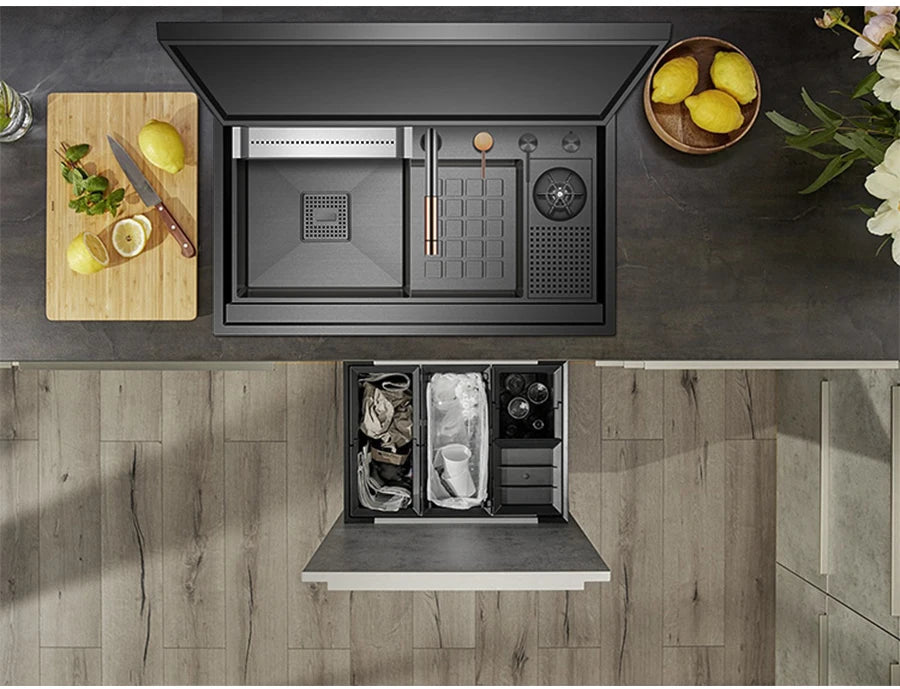 ASRAS Large Size Flip Cover Hidden Island Kitchen Sink 304 Stainless Steel 4mm Thickness Handmade Stepped Sink Cup Rinser Sinks