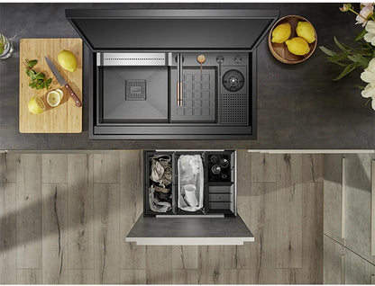 ASRAS Nanometer Black Flip Cover Hidden kitchen Sink 304 Stainless Steel 4mm Thickness Handmade Stepped Sinks Cup Rinser Sinks