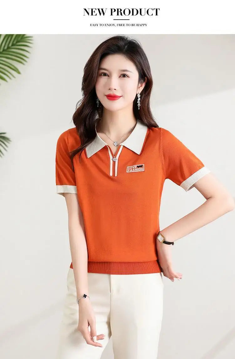Fashionable polo collar middle-aged and elderly women's loose knitwear thin casual short-sleeved T-shirt.