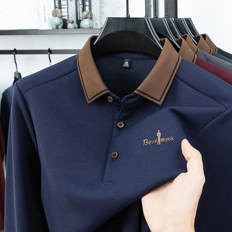 Men's Polo Shirt Long Sleeve Luxury Brand Autumn Winter Lapel Collar Button Business Casual Classic Office Warm T-shirt Menswear.