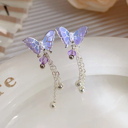 Pink Butterfly Earrings With Long Tassel Sparkly Zircon Crystal Imitation Pearl Beads Earrings Light Luxury Party Ear Jewelry