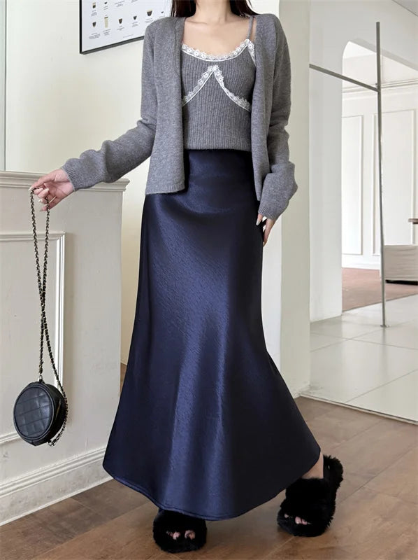 High Waist Women's Fleece-Lined Thickened Elegant Long Skirt Satin Mermaid Skirt Elegant Drapey Bodycon Skirt For Autumn Winter.