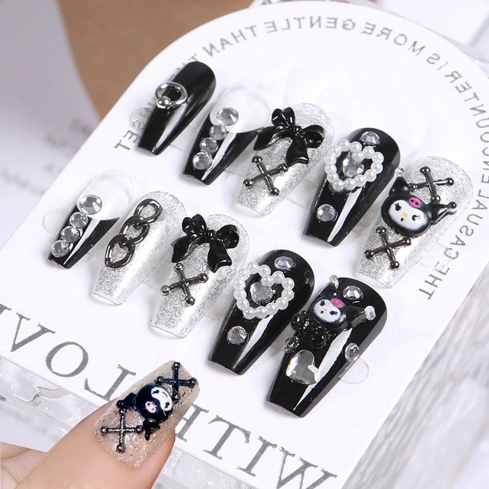 24Pcs 3D kuromi press on nails Y2K Cartoon Handmade Fake Nails Black Gel nail Wearable Nails Cinnamoroll Melody Anime False Nail.