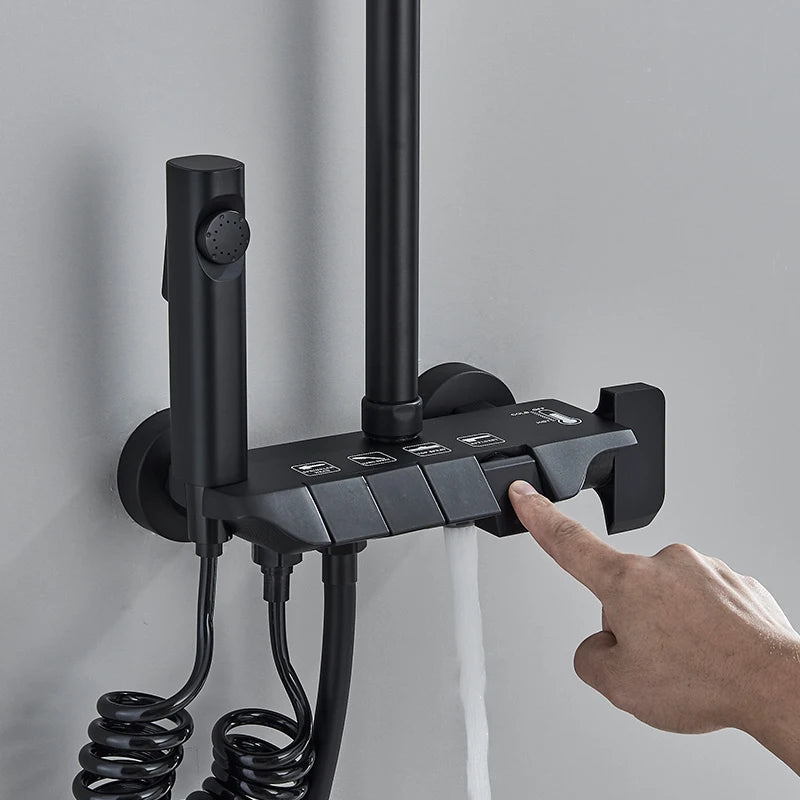 Black Piano Style Shower Set Intelligent Brass Bathroom Faucets Hot Cold Waterfall Tap Rainfall Shower System