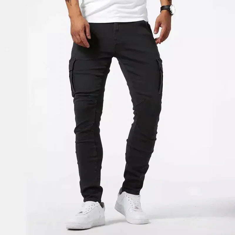 Men Casual Pencil Jeans Male Elastic Multi Pocket Small Slim High Street Denim Pants Wash Solid Color Mid Waist Cargo Jeans.