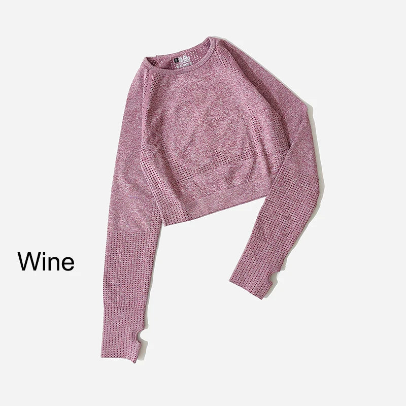 Women Seamless Long Sleeve Crop Top Yoga Shirts with Thumb Hole Running Fitness Workout Gym Sports Top Shirts Sportswear