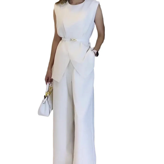Women Women Piece Set High Waist Pocket Pant Sets Tops Solid Sleeveless Spliced Elegant Round Neck Top Suits Office Lady.