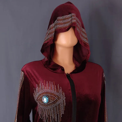 Long Sleeved Hooded Muslim Dress Velvet Diamond Clothing for Women Dubai Abayas Casual Korean Style Kaftan Evening Dress Abayas