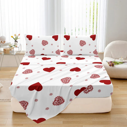 3pcs Valentine's Day Heart Print Bed Canopy Pillowcase Set Romantic Love Theme Red Heart Design Fitted Sheet Suitable for Girls.