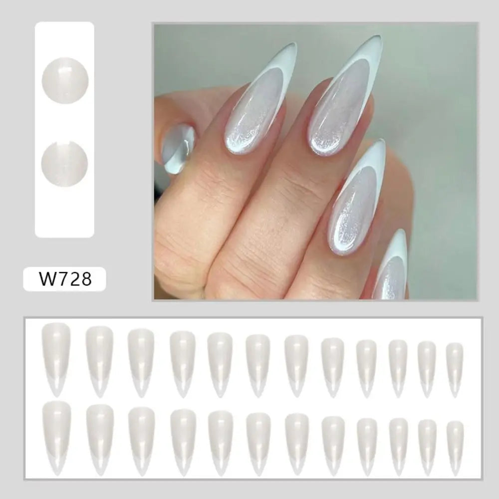 24pcs Long Stiletto French Fake Nails White Edge Simple Aurora False Nails Full Cover Press on Nails DIY Detachable Manicure.