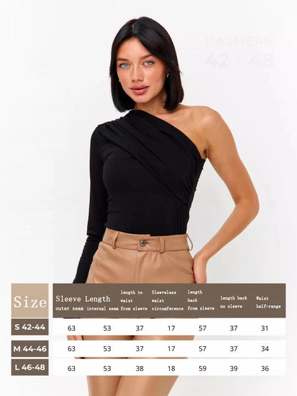 Women's One Shoulder Fit Sexy Night Club Blouse Top Women's Long Sleeve Fitted Elegant With Open Shoulder And Draping Shirt Top.