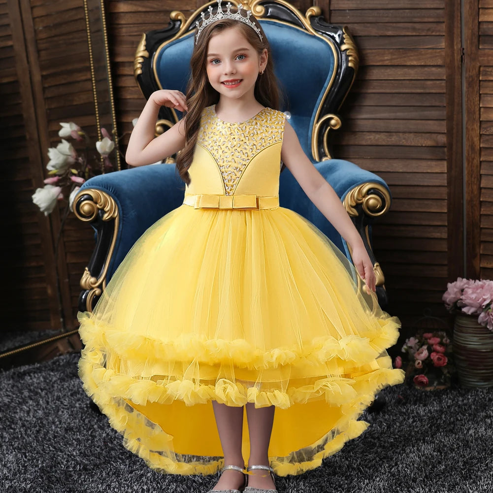 Gelbes ärmelloses Kinder leistungs kleid Bogens chwanz kleid Prinzessin kleid für 3y bis 12y Geburtstags feier kleidung.