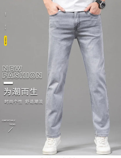 Summer Thin Men's Elastic Cotton Jeans Fashion Gray Comfortable Business Straight Casual Pants Brand Male Clothes Trousers.