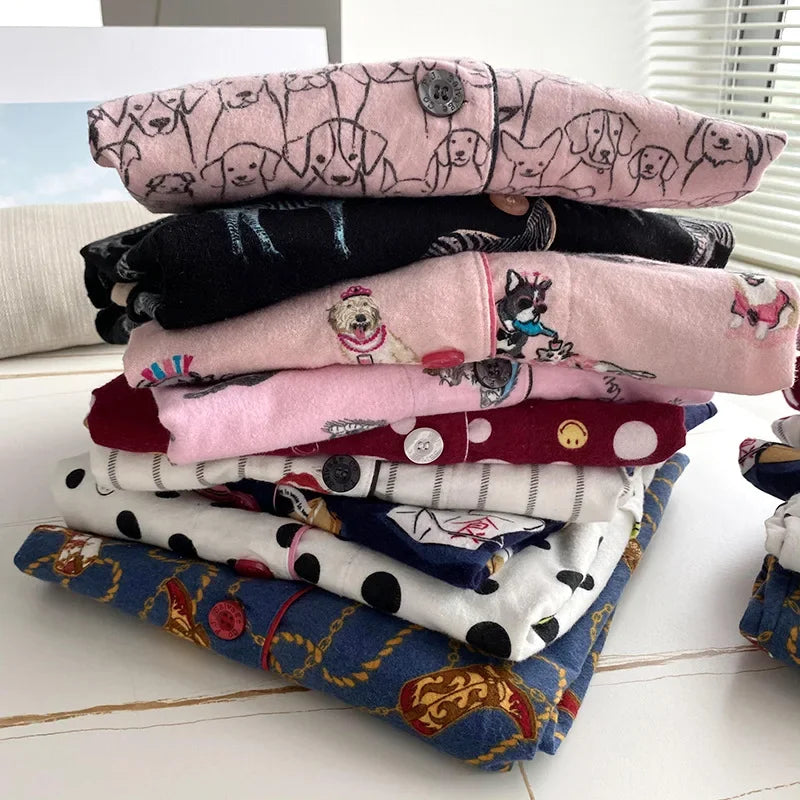 2025 New Pajamas Suit Cotton 2 Piece Set Women Print Cartoon Nightwear Long Sleeve Trousers Set Autumn Loungewear Home Clothes.