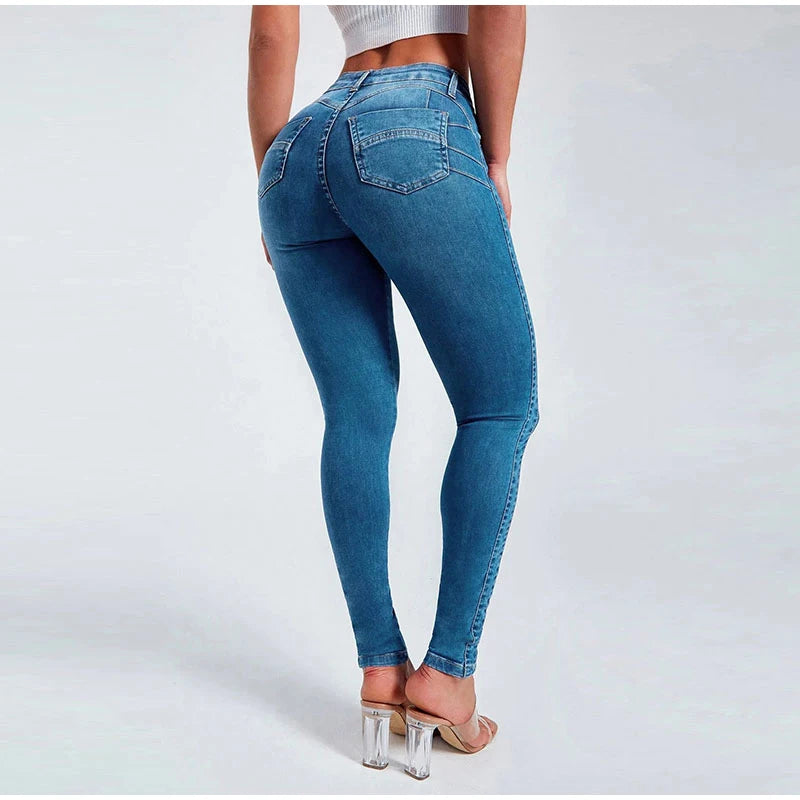 Street Slim Women's Blue Pencil Denim Pants Women Zipper Pockets Lady Jeans 2025 Autumn Lady Casual Street Trouser.