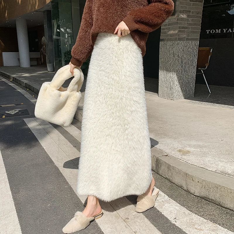 Autumn Winter New Knit Long Skirt Women Casual Thick Korean High Waist Soft A-Line Skirt