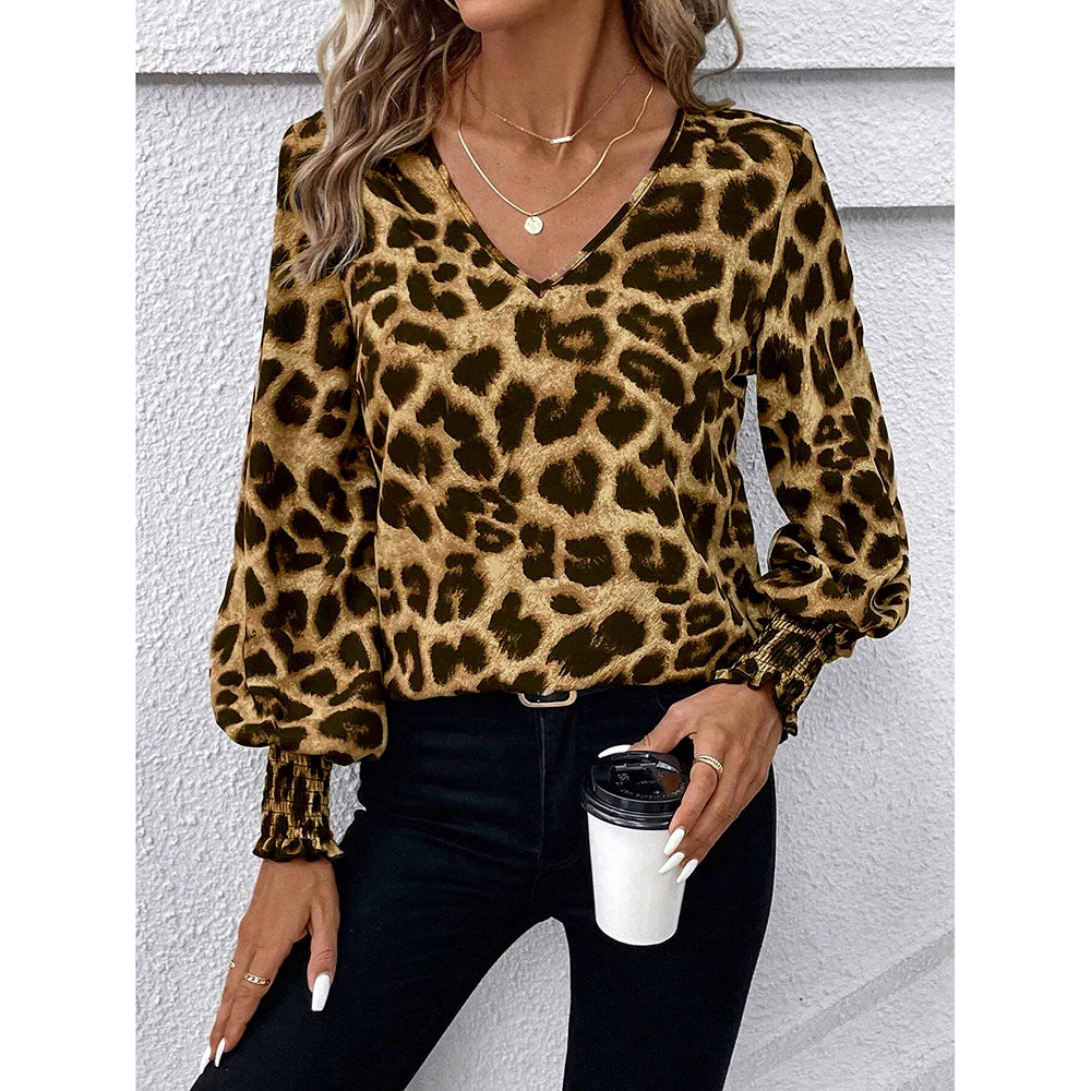 Mia Muse Women's Blouses Autumn Winter Simple Fitting Slim Leopard Long Sleeve V-Neck High Street Blouses.