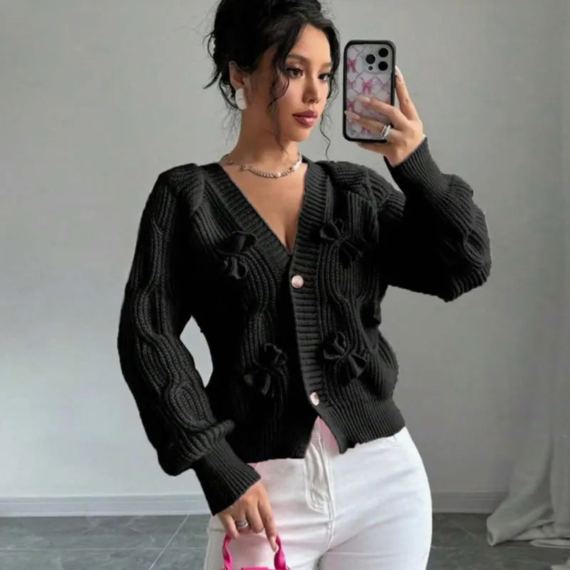 2025 Autumn And Winter Solid Color Long-sleeved Bow Knit Cardigan Jacket New Women's Elegant V-neck Button Versatile Sweater Top.